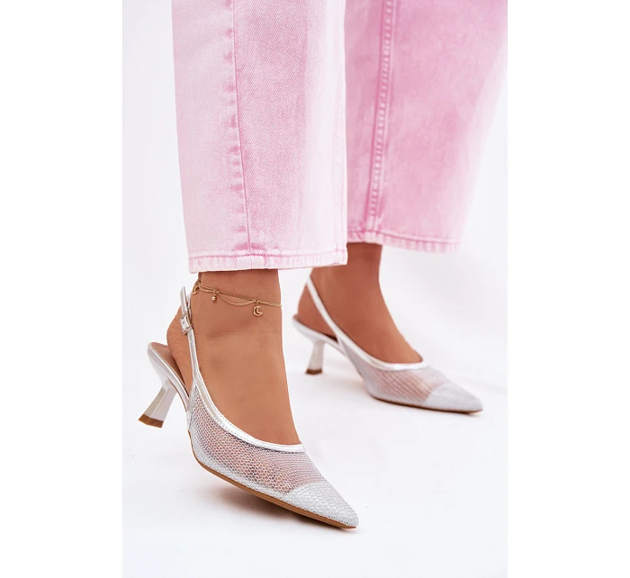 Calora Stříbrné Síťované Sandály Na Úzkém Podpatku Calora Stříbrné Síťované Sandály Na Úzkém Podpatku