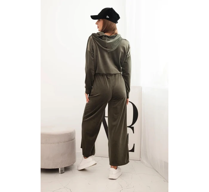 Dámská souprava z veluru s širokými nohavicemi a mikinou s kapucí khaki Dámská souprava z veluru s širokými nohavicemi a mikinou s kapucí khaki