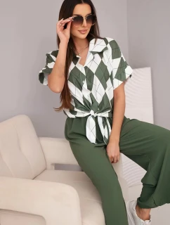 Komplet dámský viskózový košile s vázáním a kalhoty s gumou khaki