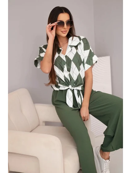 Komplet dámský viskózový košile s vázáním a kalhoty s gumou khaki Komplet dámský viskózový košile s vázáním a kalhoty s gumou khaki