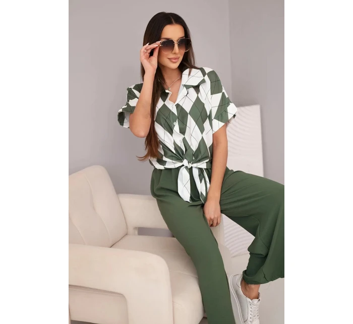 Komplet dámský viskózový košile s vázáním a kalhoty s gumou khaki Komplet dámský viskózový košile s vázáním a kalhoty s gumou khaki