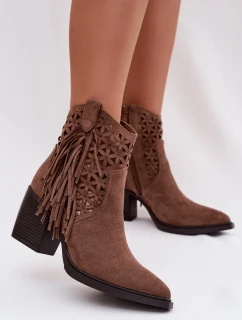 Dámské perforované kovbojky na podpatku s třásněmi Hnědé model 22009801 - Boto