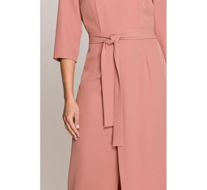 S396 Šaty se zavinovacími detaily ve střední délce - růžové
