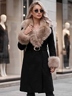 Dámský kabát s odnímatelným kožešinovým límcem, černý, FashionStreet TY6067