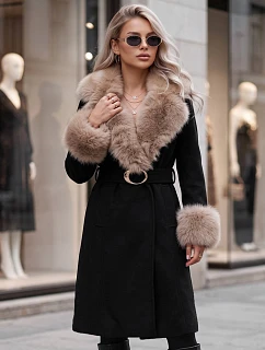 Dámský kabát s odnímatelným kožešinovým límcem, černý, FashionStreet TY6067