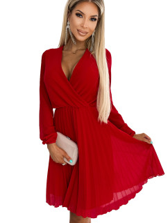 Plisované šaty s dlouhými rukávy a výstřihem Numoco ISABELLE - červené