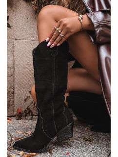 Dámské zateplené kožené semišové cowboy kozačky Urselle – černé