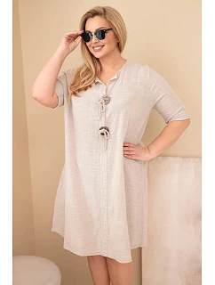 Dámské bavlněné šaty pro plnoštíhlé s vázáním na výstřihu béžová