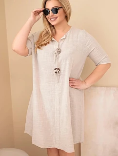 Dámské bavlněné šaty pro model 22040084 s vázáním na výstřihu béžová - K-Fashion