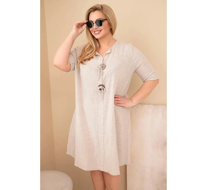 Dámské bavlněné šaty pro plnoštíhlé s vázáním na výstřihu béžová