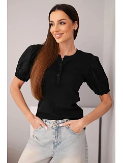 Dámská bavlněná žebrovaná halenka s nabíraným rukávem a knoflíčky černá