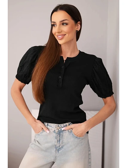 Dámská bavlněná žebrovaná halenka s nabíraným rukávem a knoflíčky černá