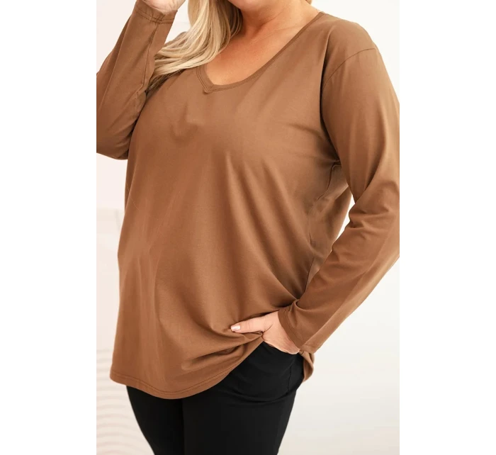 Dámská blůza Plus Size s výstřihem do V a dlouhým rukávem hnědá Dámská blůza Plus Size s výstřihem do V a dlouhým rukávem hnědá