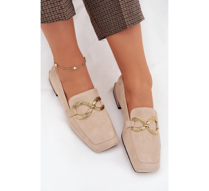 Dámské mokasíny z pravé nubukové kůže se zlatým detailem D&A CR61-3115 Béžové