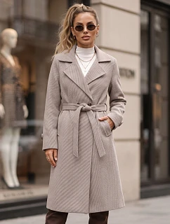 Dlouhý dámský dvouřadý kabát s páskem, hnědý, FashionStreet NY0807