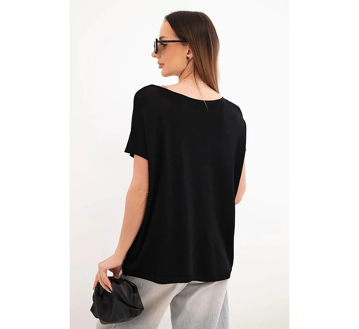 Dámská viskózová oversize halenka s krátkým rukávem a kulatým výstřihem černá