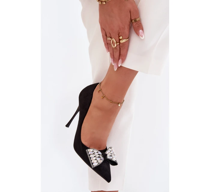 Dámské lodičky s kokardou a krystaly - černé Marivine
