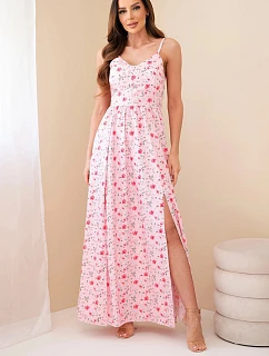 Dámské maxi květované šaty na ramínkách s vázáním na zádech cukrově růžová