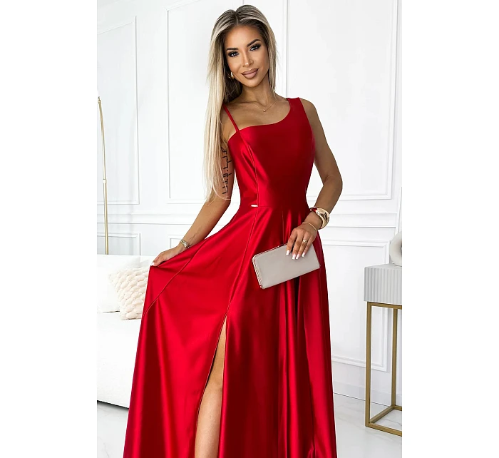 Dlouhé saténové šaty 524-1 červené - Numoco Dlouhé saténové šaty 524-1 červené - Numoco