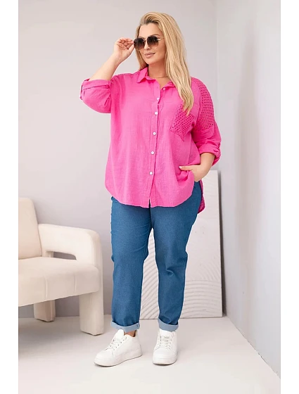 Dámská viskózová košile Plus Size s límečkem a krajkovou vsadkou růžová Dámská viskózová košile Plus Size s límečkem a krajkovou vsadkou růžová