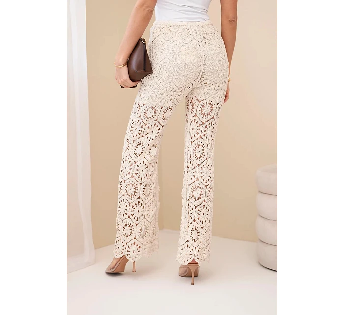 Dámské bavlněné ažurové kalhoty se širokými nohavicemi a elastickým pasem béžové