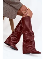 Zateplené dámské kozačky s vytočeným horním lemem na podpatku bordó Elivira