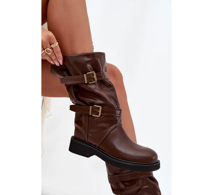 Vlněné dámské kozačky do poloviny lýtka s pásky a přezkami hnědé Halvessa