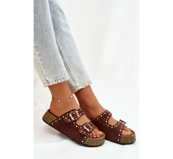 Dámské pantofle s zlatými sponami a knoflíky hnědé Tervina