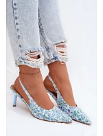 Ozdobené dámské sandály na jehlovém podpatku s květinovým vzorem modré model 22103131 - Boto