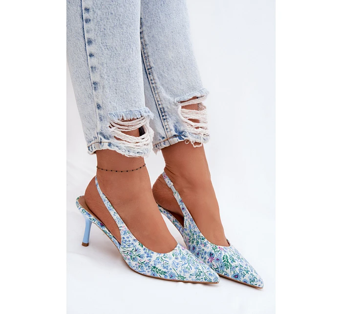 Ozdobené dámské sandály na jehlovém podpatku s květinovým vzorem modré model 22103131 - Boto