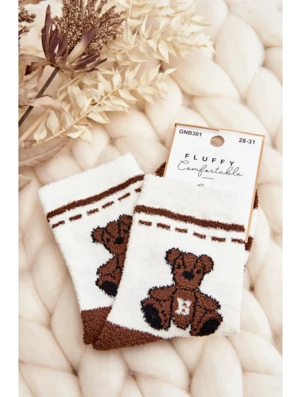 Mládežnické teplé ponožky s medvídkem, bílé a hnědé