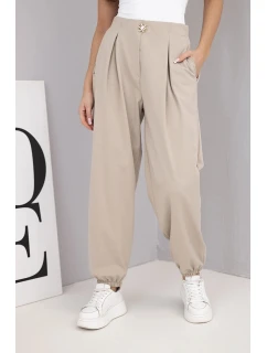 Dámské bavlněné kalhoty s vysokým pasem a ozdobným knoflíkem tmavě béžové