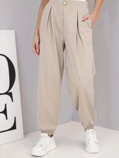 Dámské bavlněné kalhoty s vysokým pasem a ozdobným knoflíkem tmavě béžové