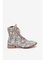 Kožené Vzorované Kotníkové Boty Na Ploché Podpatky model 21691368 Béžové - Maciejka