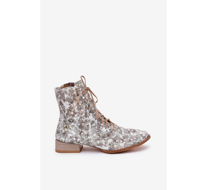 Kožené Vzorované Kotníkové Boty Na Ploché Podpatky model 21691368 Béžové - Maciejka