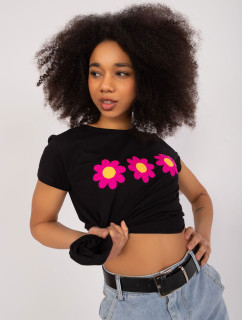 Černé tričko s květinovou výšivkou BASIC FEEL GOOD