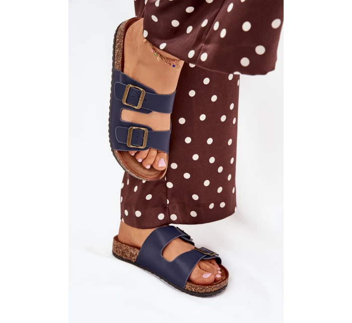 Dámské pantofle na korkové platformě s přezkami – tmavě modré Dámské pantofle na korkové platformě s přezkami – tmavě modré