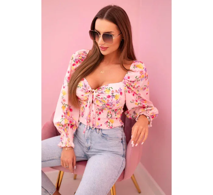 Dámská španělská halenka s květinovým vzorem, dlouhý rukáv světle růžová