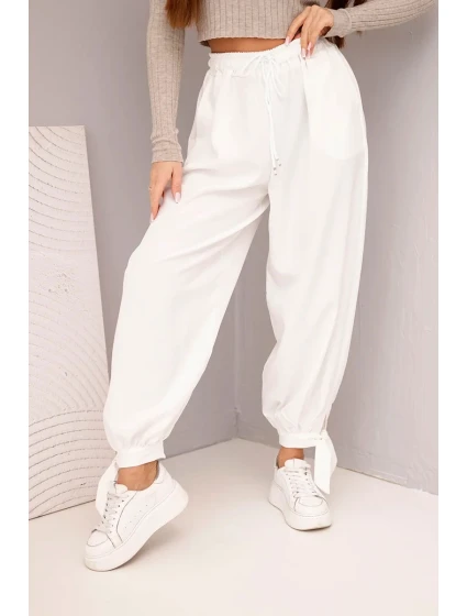 Dámské kalhoty s širokým nohavicí a vázáním dole bílé