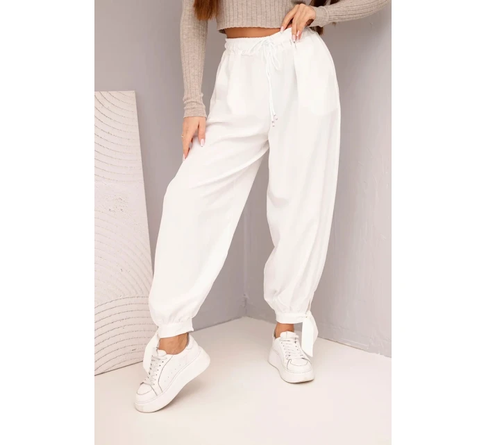 Dámské kalhoty s širokým nohavicí a vázáním dole bílé