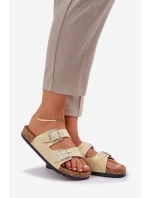 Materiálové pantofle na korkové podrážce s přezkami žluté Atera Materiálové pantofle na korkové podrážce s přezkami žluté Atera