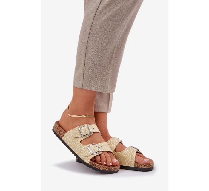 Materiálové pantofle na korkové podrážce s přezkami žluté Atera Materiálové pantofle na korkové podrážce s přezkami žluté Atera