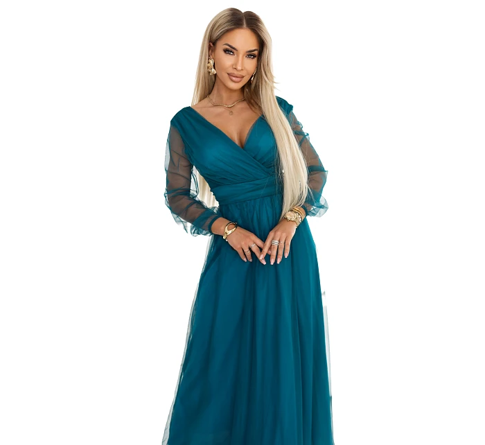 664-2 Dlouhé maxi šaty s tylovými rukávy a obálkovým výstřihem - lahvově zelené 664-2 Dlouhé maxi šaty s tylovými rukávy a obálkovým výstřihem - lahvově zelené