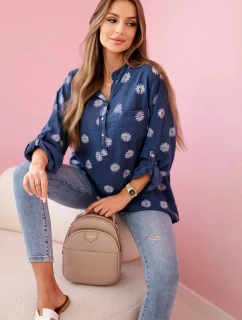 model 21911564 dámská halenka s květinovým vzorem, dlouhými rukávy a knoflíky Džínová - K-Fashion