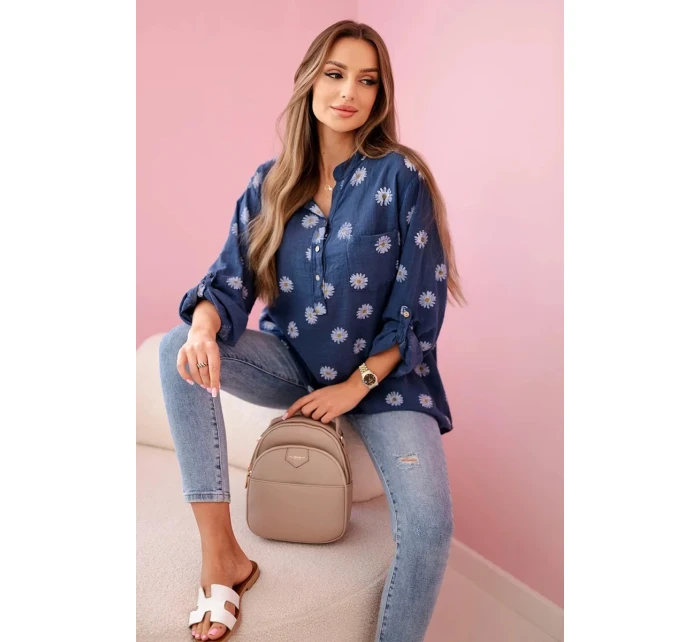 model 21911564 dámská halenka s květinovým vzorem, dlouhými rukávy a knoflíky Džínová - K-Fashion