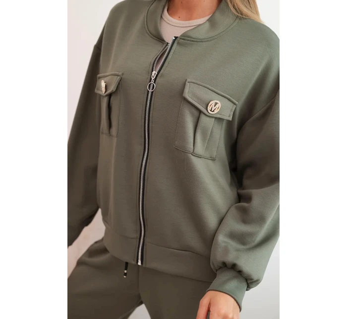 Dámský komplet z viskózy s rozepínací mikinou a kalhotami khaki model 21285295 - K-Fashion Dámský komplet z viskózy s rozepínací mikinou a kalhotami khaki model 21285295 - K-Fashion