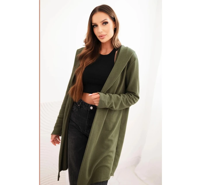 Dámská mikina z bavlny s kapucí a prodlouženým předním dílem khaki