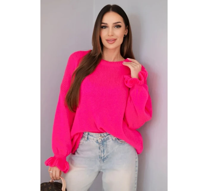 Dámský svetr s příměsí mohéru a vlny volného střihu neonově růžový