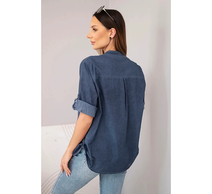 Dámská bavlněná košilová halenka s krátkým rukávem a model 22048803 tmavě modrá - K-Fashion