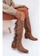 Dámské kozačky na podpatku s třásněmi zateplené khaki Firlina Dámské kozačky na podpatku s třásněmi zateplené khaki Firlina